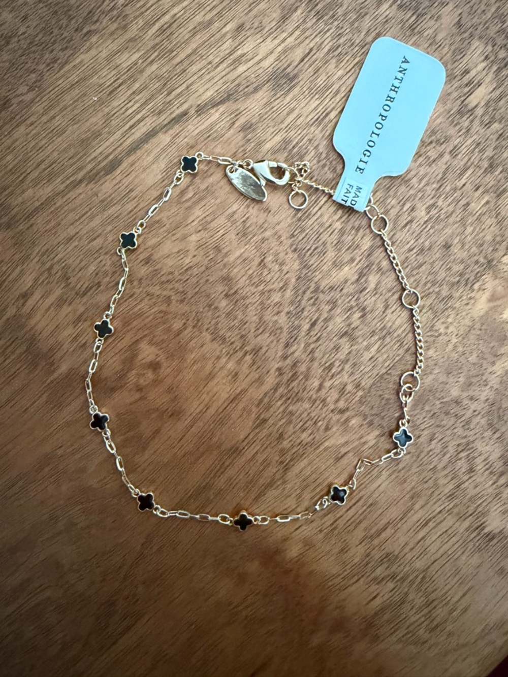 Anthropologie Gold Chain Bracelet with Black Clover Accents
